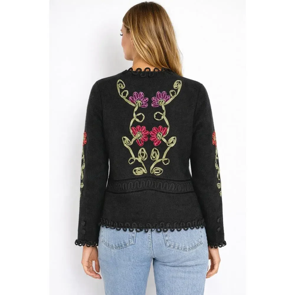 Carson Vintage Wool Floral Ribbon Open Cardigan Sweater Womens Medium Black Red